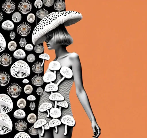 Prompt: a mixed media collage of a girl wearing or growing mushrooms/fungus as clothing body parts and accessories. She is a black and white or halftone photograph, the mushrooms and fungal growths are to be mixed media, including but not limited to paint, enamel, foils, glitter, sparkle, sequins, found objects, natural items, rhinestones etc <mymodel>