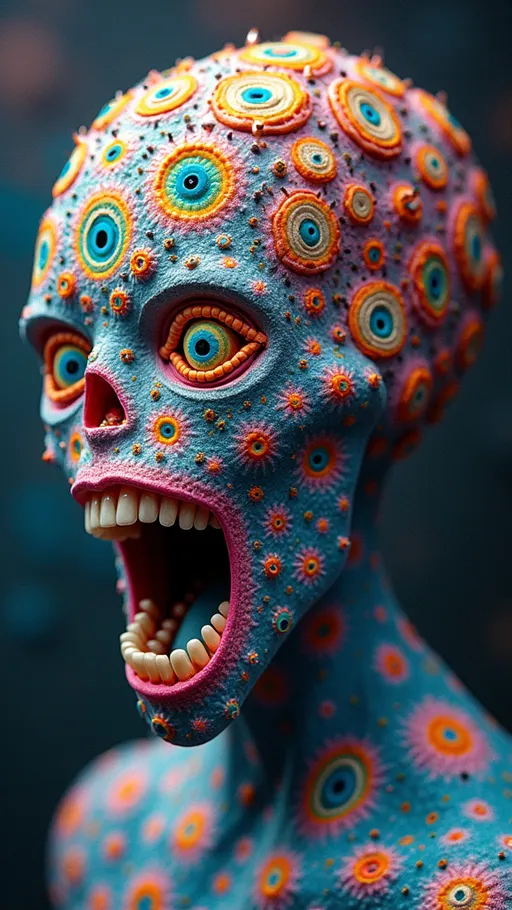 Prompt: In a dimension where the bizarre and the beautiful meld seamlessly, a fantastical entity emerges, embodying the essence of psychedelic wonder and surrealism. This creature is a living canvas of **Droste Effect Patterns**, its form spiraling inward infinitely, creating a dizzying illusion of depth and recursion that captivates the mind.

The surface of its body is adorned with clusters of surreal, compound **Human Eyes**, each one a kaleidoscope of swirling colors that shift and change with every blink. These eyes are scattered across its form in seemingly impossible arrangements, each one observing the world with an uncanny awareness, their irises swirling with vibrant hues that defy earthly color palettes.

Encircling its maw are rows upon rows upon rows of psychedelic **Human Teeth**, each tooth a miniature masterpiece of fractal geometry and iridescent color. These teeth form intricate patterns that ripple across its face, creating a mesmerizing display of movement and light that seems to pulse with a life of its own.

The entity's skin is a vibrant tapestry of **Mosaic Patterns**, interwoven with strands of **Opalescent Fibers** that shimmer with every movement. These fibers catch the light, casting a radiant glow that dances across its form, creating a dynamic interplay of color and shadow that enhances its surreal beauty.

From its limbs sprout tendrils of **Bioluminescent Algae**, their tips glowing with a soft, ethereal light that illuminates the surrounding space in a gentle, otherworldly glow. These tendrils sway and undulate as if moved by an unseen current, adding to the creature's enigmatic allure.

In this trippy, self-contained universe, this entity stands as a testament to the power of imagination and the limitless possibilities of the surreal. It invites exploration into a realm where the natural and the fantastical converge in a vibrant symphony of color, form, and boundless creativity.