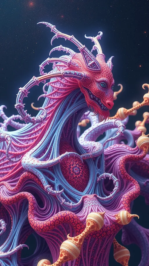 Prompt: A strange surreal beautiful flowing lithe interdimensional psychedelic entity/creature, made of fractal geometry, existing in many dimensions simultaneously, melting from one dimension to the next, phasing in and out of reality, inter dimensional fractal geometry come to life, psychedelic, trippy, weird, but beautiful, 