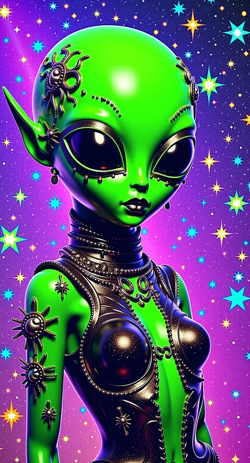 Prompt: Alright, let's take a trip into another dimension with this one:

**Celestial Carnival - AI Art Prompt**

Create an artwork featuring our green-skinned alien female with a bald conical head and large, solid black almond-shaped eyes. This time, she's in a celestial carnival, a fantastical and whimsical setting where the cosmos comes alive with bizarre attractions and surreal spectacles.

The carnival is a kaleidoscope of colors and shapes, with rides and attractions that defy logic and gravity. Ferris wheels made of stardust spin slowly in the background, while roller coasters loop through constellations and nebulae.

Our alien girl is part of the spectacle, perhaps as a performer or an intrigued visitor. She's dressed in an extravagant, circus-inspired outfit adorned with cosmic patterns and shimmering accents. Her attire is both playful and mysterious, reflecting the enchanting nature of the carnival.

Around her, a menagerie of peculiar cosmic creatures and characters roam the grounds, each with unique features and vibrant costumes. The atmosphere is lively and chaotic, filled with the sounds of celestial music and laughter echoing through the ether.

Incorporate elements of digital surrealism, such as glitching stars, pixelated fireworks, and holographic illusions that add to the dreamlike quality of the scene. The composition should be busy and immersive, inviting viewers to explore every corner of this celestial wonderland.

Balance hyperrealistic textures with an illustrative, artistic style, capturing the whimsical and fantastical essence of this celestial carnival. Let the fine details and vibrant colors transport viewers to a place where the boundaries between reality and imagination blur. 🌌🎪✨

Let this prompt inspire a piece that's as weird and wonderful as it is visually stunning!