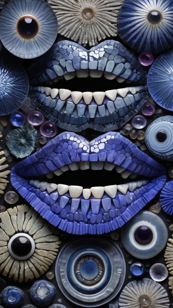 Prompt: Create an extremely hyper-realistic, ultra super textural, weird, trippy, surreal, psychedelic eyes/teeth/mouth pattern/design based on “Physarum polycephalum” & “op art tiling” with lots of human eyes (crazy colorful compound psychedelic), rows of human teeth, human lips, and tongues. 

- **Colors**: determined by the natural properties and expressions of the elements (& their isotopes), raw rough minerals, and metals: Nickel (Ni), Tanzanite, Feldspar, Pectolite, Lazurite,  Indicolite, “Physarum polycephalum”

**Shapes and forms**
- “Physarum polycephalum”
-other shapes determined by the natural properties and expressions of the elements (& their isotopes), raw rough minerals, metals, and biological organisms: diatoms, Nickel (Ni), Tanzanite, Feldspar, Pectolite, Lazurite, Indicolite

- **Textures**: Derived from any/all elements (& their isotopes), minerals, metals, crystals, organic things mentioned in this prompt: “Physarum polycephalum” Nickel (Ni), Tanzanite, Feldspar, Pectolite, Lazurite, Indicolite

**Composition and Layout**:
- a pattern/design based on the “Physarum polycephalum”

**Lighting**lots and lots of bright shining reflective light


**Detail and Atmosphere**:
- Extreme hyperrealistic sharp high detail high definition organic and mineral textures
- Psychedelic, weird, odd, surreal atmosphere
- Frozen in time

**Additional Elements**:
- extra rows of teeth, lips, many eyes, diatoms, “Physarum polycephalum”, Aventurescence, Chatoyancy
