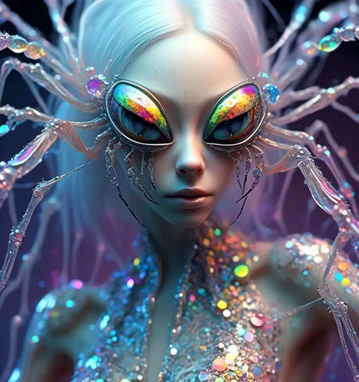 Prompt: <mymodel>extremely hyperrealistic extremely high textural beautiful female sentient spider entity, arachnid woman,8 eyes, humanoid, human woman with spider features, lots of light, extreme organic textures, white, translucent, bright pastel colors, oil slick rainbow sheen effect, silver, chrome, crystals, 
Arachnid, cephalothorax, abdomen, pedipalps, chelicerae, fangs, spinnerets, silk glands, book lungs, tracheae, 