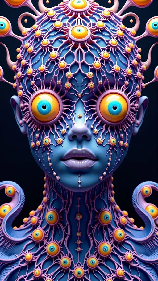 Prompt: An extremely super hyper detailed hyperrealistic weird surreal trippy psychedelic entity manifests, featuring an overwhelming array of psychedelic human eyes, meticulously arranged in a mesmerizing Spirograph pattern. These eyes, each vibrant and unique, echo the intricate loops and curves of the design, creating a hypnotic visual rhythm. Rows upon rows of psychedelic teeth, each resembling a miniature fractal tree, branch out in recursive patterns, their textures mimicking the organic complexity of natural growth.

The entity's form is enriched by coral-like patterns, with its surface exhibiting intricate branching structures reminiscent of coral formations, adding layers of complexity and depth. Its texture is a swirling amalgamation of fractal geometries and Voronoi tiling, forming a cellular structure that pulsates with life.

On a microscopic level, the entity's skin is a tapestry of radiolarians, each with a lattice-like structure and radiating spines, contributing to its otherworldly appearance. These intricate forms are interspersed with elongated, tubular shapes of foraminifera, their surfaces adding tactile roughness.

Elements of Labradorite and Charoite infuse the entity with iridescent flashes and swirling purple hues, their crystalline structures playing with light across the surface. The metallic sheen of Pyrite adds reflectivity, interspersed with the deep azure of Azurite, forming a striking contrast that enhances the surreal aesthetic.

In the background, a cosmic scene unfolds, inspired by quantum foam, a seething mass of bubbles and fluctuations at the Planck scale, creating a dynamic and ever-changing backdrop. This scene is enriched by quantum entanglement, visualized as an invisible web linking particles across the universe, adding interconnectedness to the surreal landscape. The entire scene is bathed in the soft, ethereal glow of a Fibonacci spiral galaxy, its arms stretching out in a harmonious cosmic dance.