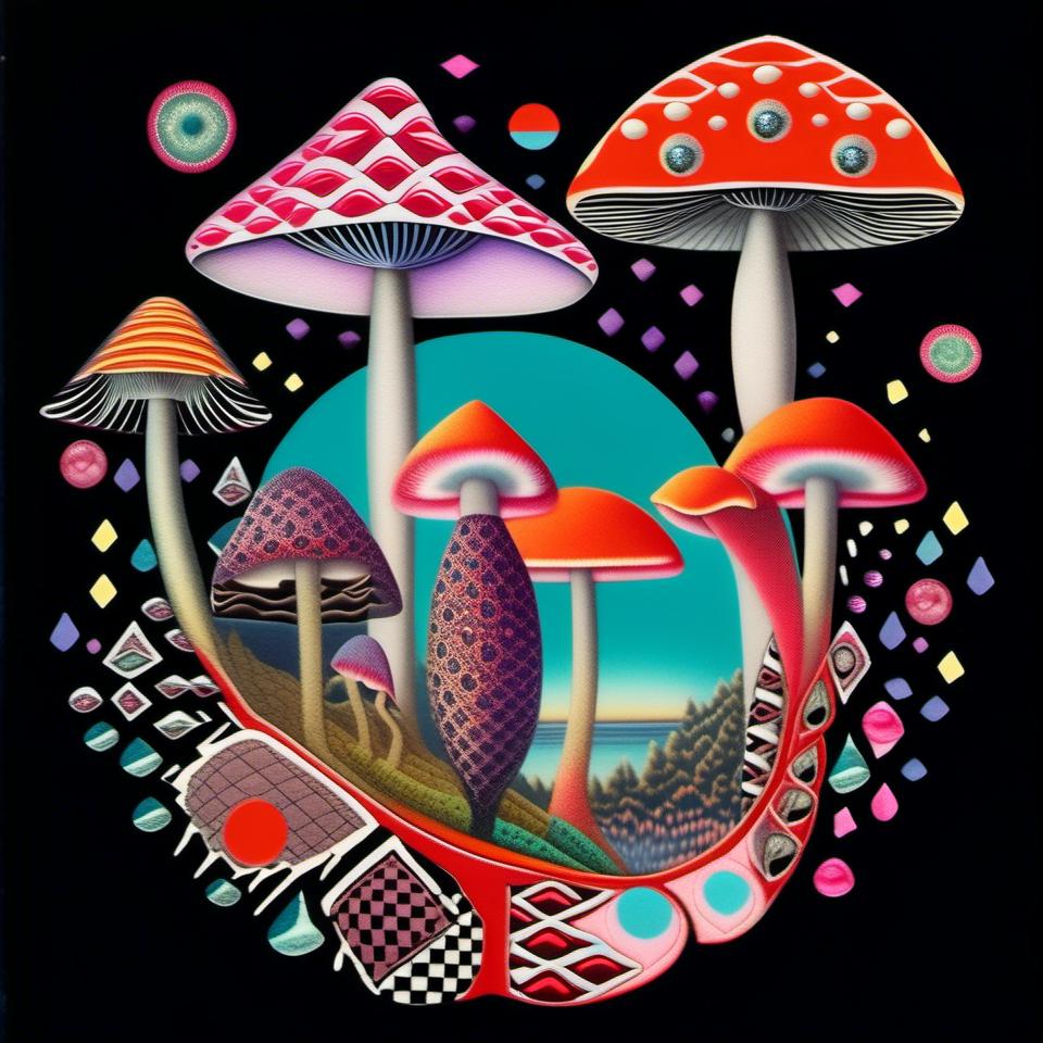 Prompt: a surreal trippy psychedelic  mixed media collage evoking the feel of vintage trippy surreal multimedia collages. It will feature mushrooms/fungus, psychedelic eyes, etc & be set amongst trippy psychedelic patterns/optical illusions,, geometric shapes and will include mediums such as photography, printmaking, painting, illustration, paper cutting, paper folding, glitter, silver foil/enamel, rhinestones, sequins, thread/string and anything else<mymodel>