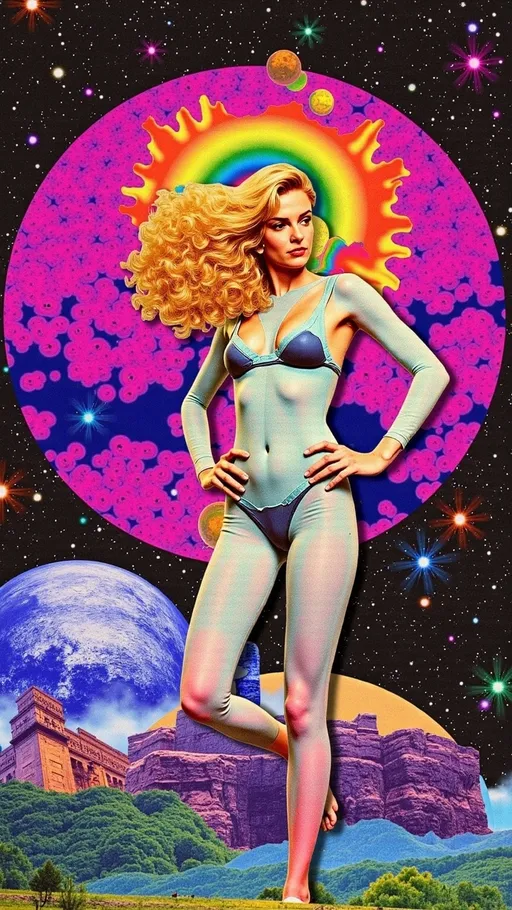 Prompt: **Prompt:**  
A divine DMT entity in the form of a beautiful Caucasian woman, her wild, curly blond hair transformed into glowing, multidimensional tendrils of liquid light, flowing endlessly into the fractal infinity of hyperspace. Her body shimmers like a crystalline hologram, constantly shifting between forms—part human, part machine, part alien architecture. Her skin is adorned with intricate, bioluminescent patterns of sacred geometry, pulsating with the colors of the ultraviolet spectrum: neon pinks, radiant purples, and electric blues. Her eyes are vast, otherworldly portals, reflecting the infinite realms of the DMT hyperspace—swirling vortexes of kaleidoscopic energy and impossible landscapes. The background is alive with hyper-organic structures: cathedral-like domes made of living light, pulsating with a rhythm that feels both ancient and futuristic. Alien glyphs and symbols float in the air, as if communicating with her and the viewer telepathically. The entire scene radiates an overwhelming sense of awe, mystery, and transcendence, as though she is the guardian of the ultimate cosmic truth.
