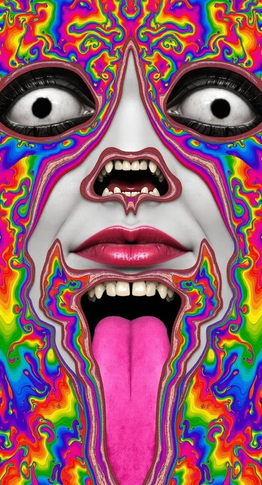 Prompt: Create an extremely hyper-realistic, ultra super textural, weird, trippy, surreal, psychedelic eyes/teeth/mouth pattern/design based on Mandelbrot & “Op Art tiling” with lots of human eyes (crazy colorful compound psychedelic), rows of human teeth, human lips, and tongues. 

- **Colors**: determined by the properties and expressions of the elements (& their isotopes), minerals, and metals: opal, moonstone, Kunzite, selenite, rose quartz, Platinum (Pt)

**Shapes and forms**
- Mandelbrot 
- "Op Art tiling" 
-other shapes determined by the natural properties and expressions of the elements (& their isotopes), minerals, metals, and biological organisms: opal, moonstone, Kunzite, selenite, rose quartz,  Platinum (Pt)


- **Textures**: Derived from any/all elements (& their isotopes), minerals, metals, crystals, organic things mentioned in this prompt: opal, moonstone, Kunzite, selenite, rose quartz, Platinum (Pt)

**Composition and Layout**:
- a pattern/design based on the Op Art tiling & Mandelbrot 

**Lighting**:
- lots of bright light
- Iridescence
- Aventurescence
- Chatoyancy
- Asterism

**Detail and Atmosphere**:
- Extreme hyperrealistic sharp high detail high definition organic and mineral textures
- Psychedelic, weird, odd, surreal atmosphere
- Frozen in time

**Additional Elements**:
- extra rows of teeth, lips, many eyes, Op Art tiling, Mandelbrot, Iridescence