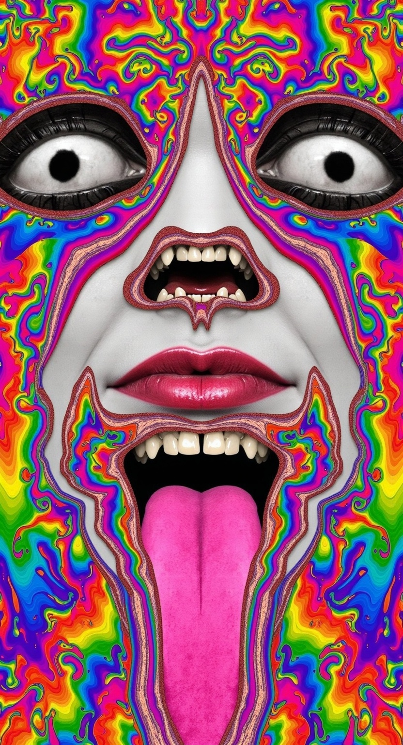 Prompt: Create an extremely hyper-realistic, ultra super textural, weird, trippy, surreal, psychedelic eyes/teeth/mouth pattern/design based on Mandelbrot & “Op Art tiling” with lots of human eyes (crazy colorful compound psychedelic), rows of human teeth, human lips, and tongues. 

- **Colors**: determined by the properties and expressions of the elements (& their isotopes), minerals, and metals: opal, moonstone, Kunzite, selenite, rose quartz, Platinum (Pt)

**Shapes and forms**
- Mandelbrot 
- "Op Art tiling" 
-other shapes determined by the natural properties and expressions of the elements (& their isotopes), minerals, metals, and biological organisms: opal, moonstone, Kunzite, selenite, rose quartz,  Platinum (Pt)


- **Textures**: Derived from any/all elements (& their isotopes), minerals, metals, crystals, organic things mentioned in this prompt: opal, moonstone, Kunzite, selenite, rose quartz, Platinum (Pt)

**Composition and Layout**:
- a pattern/design based on the Op Art tiling & Mandelbrot 

**Lighting**:
- lots of bright light
- Iridescence
- Aventurescence
- Chatoyancy
- Asterism

**Detail and Atmosphere**:
- Extreme hyperrealistic sharp high detail high definition organic and mineral textures
- Psychedelic, weird, odd, surreal atmosphere
- Frozen in time

**Additional Elements**:
- extra rows of teeth, lips, many eyes, Op Art tiling, Mandelbrot, Iridescence