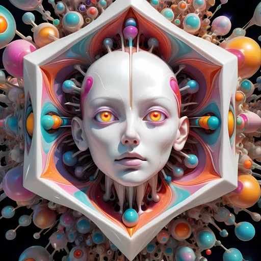 Prompt: a translucent white many sided multidimensional extra dimensional geometric shape churning through many extra dimensions etherically, covered in eyes, biological and mechanical simultaneously with random pops of brilliant vibid psychedelic color 