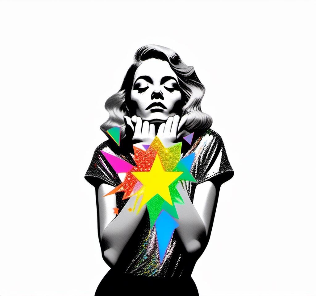 Prompt: a photograph (black and white or halftone) of a woman with multimedia colorful galaxies and stars in her wide eyes who is vomiting pure rainbows and stardust sparkles. She wretches as a beautiful spectrum of colorful light and sparklies made of paint, enamel, glitter, foils, pearl dust, rhinestones, metal, beads, marker, etc spills from her open mouth with force lighting up the room<mymodel>