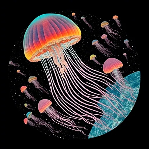 Prompt: <mymodel>A psychedelic surreal collage featuring photographs and art of jellyfish in space, spliced with photos/art of bubbles, optical illusions/trippy psychedelic patterns, underwater seascapes, geometric shapes to create a surreal jellyfish psychedelic collage design