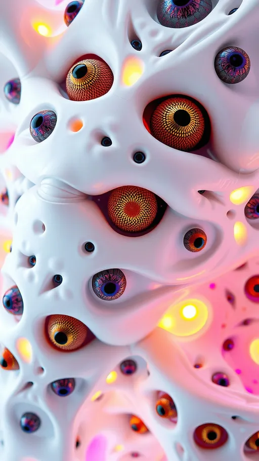 Prompt: an extremely hyper realistic ultra super textural weird trippy surreal psychedelic entity, vicsek fractals, white, translucent, clear, bright bright pastel colors, oil slick rainbow sheen effect, lots and lots of light, lots of crazy colorful compound psychedelic human eyes, rows of human teeth, fungus, atoms, diatoms, vicsek fractal