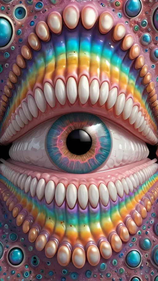 Prompt: an extremely hyper realistic ultra super textural weird trippy surreal psychedelic entity, Quadrifolium Curve, apollonian gaskets, catenoids, white, translucent, clear, bright bright feminine pastel colors, oil slick rainbow sheen effect, lots and lots of light, lots of crazy colorful compound psychedelic human eyes, rows of human teeth, fungus, atoms, diatoms, enneper sufaces, apollonian gaskets, Quadrifolium Curve