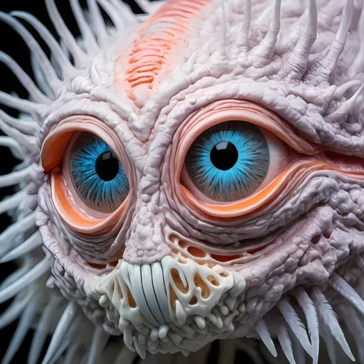 Prompt: Extremely hyperrealistic, ultra hypertextural psychedelic weird surreal hallucination entity creature, translucent white, bright pastels, lots of light, lots of trippy crazy psychedelic human eyes, human teeth, brains, skin, metal, silver, chrome, leather, feathers, scales, fur,  Chromatophore, pigment cell, melanophore, iridophore, leucophore, xanthophore, erythrophore, cyanophore, pigment granules, melanin, carotenoids, pteridines, guanine crystals, reflective platelets, dermal chromatophore unit, pigment dispersion, pigment aggregation, color change, adaptive coloration, cryptic coloration, aposematic coloration, structural coloration, biochromes, photophores, neuromuscular control, hormonal control, neural activation, physiological color change, morphological color change, chromatophore expansion, chromatophore contraction, cellular signaling, light reflection, light absorption, light scattering, iridescence, bioluminescence, pigment synthesis, pigment degradation, chromatophore patterning, environmental adaptation, camouflage, signaling, communication, behavioral adaptation., extreme organic, metallic textures