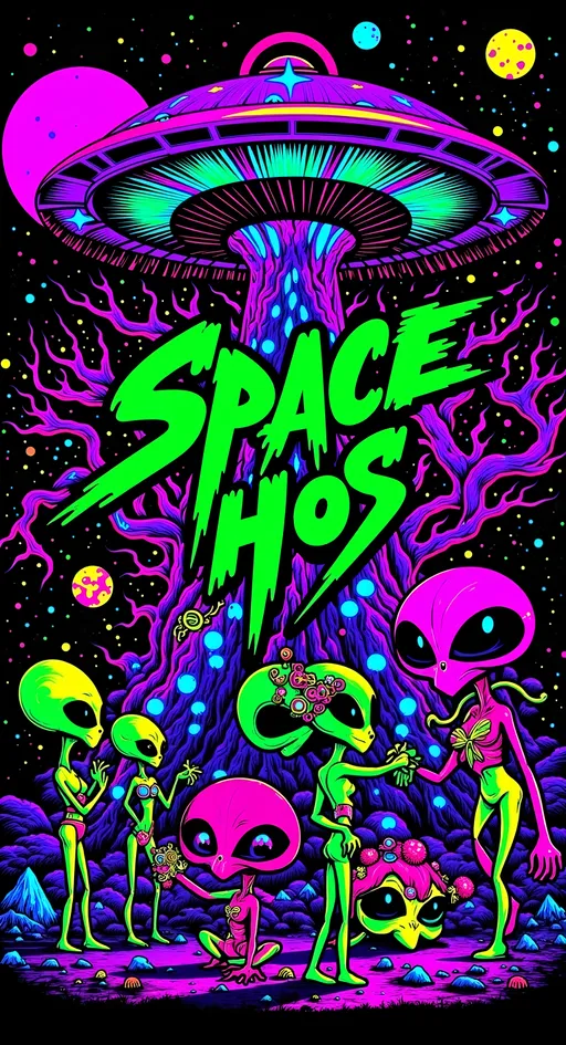 Prompt: **Space Hos - AI Art Prompt**

Create a totally glitched out artwork featuring the phrase "Space Hos" in a bold, sassy, girly futuristic tech font. The scene is populated by multiple striking green-skinned alien females, each exuding attitude and confidence. They are dressed in avant-garde high fashion with a futuristic edge, showcasing an array of intricate accessories that highlight their alien allure.

Each alien boasts a slightly conical-shaped bald head and large, almond-shaped black eyes, adding to their enigmatic charm. They pose with sass and poise, making a statement in the cosmic landscape.

Incorporate a vibrant UFO in the background, teeming with colorful lights that illuminate the scene. The setting is a bustling outer space landscape, complete with an alien planet, swirling asteroids, and cosmic phenomena. Alien glyphs are seamlessly integrated into the design, adding a mysterious layer.

The entire composition is busy and detailed, with every inch filled with tiny elements that captivate the viewer's attention. From the smallest star to the grandest asteroid, the scene is a masterpiece of cosmic chaos and extraterrestrial elegance. Finish it off with lots of different types of computer glitches/noise/data/computer screen effects