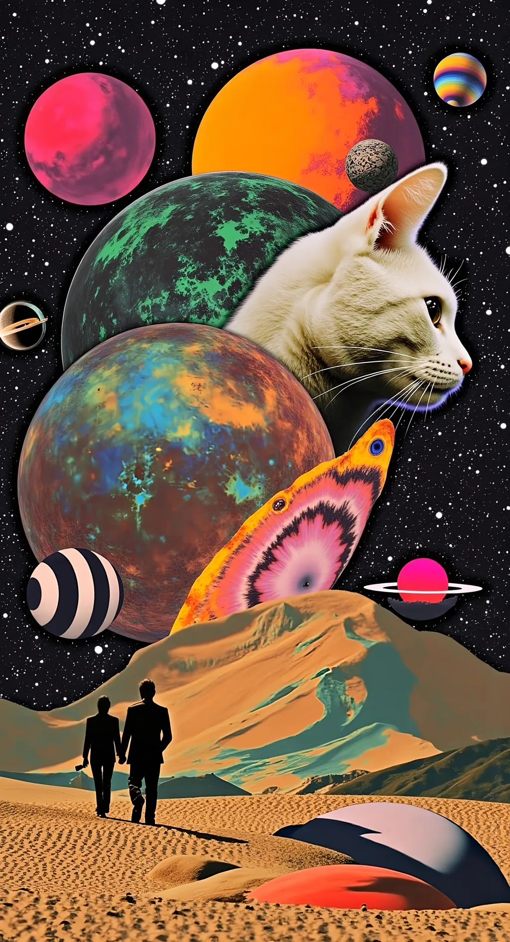 Prompt: a psychedelic collage with a vintage 70s sci-fi animation feel to it except the subject matter will be CATS IN SPACE! The collage will have elements of photography, illustration, trippy patterns and optical illusions, alien landscapes, strange trippy planets, UFOs,, meteors, all cut and spliced together in a psychedelic collage style <mymodel>