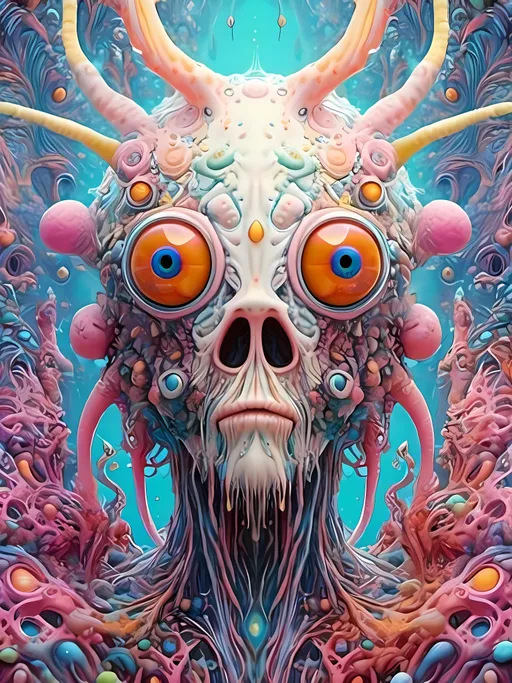 Prompt: <mymodel> an extremely hyper realistic super textural psychedelic entity/creature, trippy, weird, surreal, fractals, multidimensional geometric shapes, eyes, human teeth, lots of light, bright pastel colors, luminous, glowing, extremely textural, white, translucent, , silver, pastel rainbow oil slick sheen effect, moth antennae, melty drippy, extreme organic and metallic textures