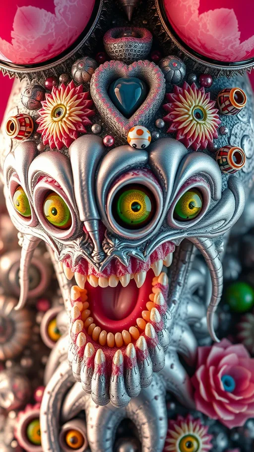 Prompt: an extremely hyper realistic ultra super textural weird trippy surreal psychedelic entity, silver, pyrite, quartz,, flourite, apatite, bright vivid pinks, greens, yellows,blues,  lots and lots of light, lots of crazy colorful compound psychedelic human eyes, rows of human teeth, human lips, tongues, lithops, succulent, quantum strings, algae, bryozoans,  Bose-Einstein Condensate, extreme high definition organic and mineral textures