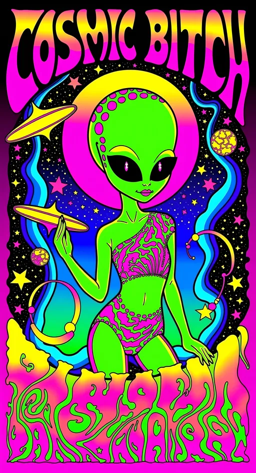 Prompt: **Cosmic Bitch - AI Art Prompt**

Create an artwork featuring the phrase "Cosmic Bitch" in a bold, sassy, girly futuristic tech font. The centerpiece is a stunning green-skinned alien female with a large somewhat conical shaped bald head & large solid black almond shaped eyes, exuding sass and confidence, dressed in avant-garde high fashion with a futuristic twist. Her ensemble is adorned with intricate accessories that scream alien chic.

Incorporate a vibrant UFO hovering in the scene, brimming with colorful lights that dance across the canvas. The background is a bustling outer space landscape, complete with an alien planet, swirling asteroids, and cosmic wonders. Alien glyphs are subtly woven into the design, adding an enigmatic touch.

The entire scene is a whirlwind of activity, filled with intricate details that draw the eye to every corner. From the tiniest star to the grandest asteroid, let no space go unadorned. The result is a masterpiece of cosmic chaos and extraterrestrial elegance.

Now, go forth and let your AI art creation shine in all its interstellar glory! 🌌👽✨