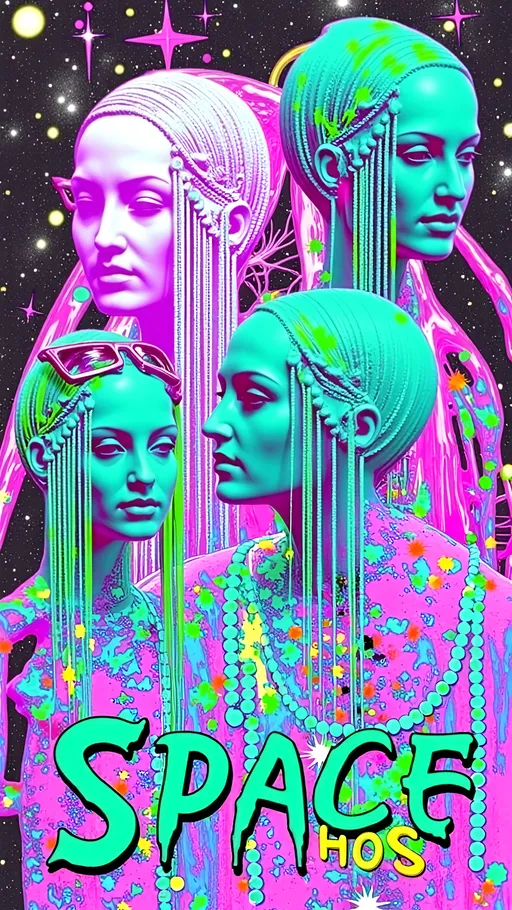 Prompt: **Space Hos - AI Art Prompt**

Create a totally glitchy glitched out artwork featuring the phrase "Space Hos" in a bold, sassy, girly futuristic tech font. The scene is populated by multiple striking green-skinned alien females, each exuding attitude and confidence. They are dressed in avant-garde high fashion with a futuristic edge, showcasing an array of intricate accessories that highlight their alien allure. The scene is being viewed through a retrofuturistic computer screen full of glitches and aberrations 

Each alien boasts a slightly conical-shaped bald head and large, almond-shaped black eyes, adding to their enigmatic charm. They pose with sass and poise, making a statement in the cosmic landscape.

Incorporate a vibrant UFO in the background, teeming with colorful lights that illuminate the scene. The setting is a bustling outer space landscape, complete with an alien planet, swirling asteroids, and cosmic phenomena. Alien glyphs are seamlessly integrated into the design, adding a mysterious layer.

The entire composition is busy and detailed, with every inch filled with tiny elements that captivate the viewer's attention. From the smallest star to the grandest asteroid, the scene is a masterpiece of cosmic chaos and extraterrestrial elegance.