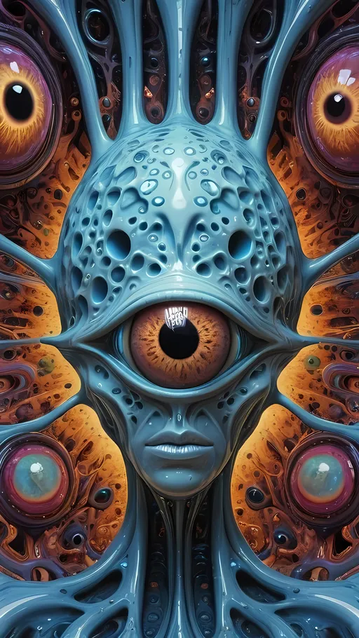 Prompt: Surreal psychedelic non-humanoid creature, ultra realistic hyperrealism beyond human comprehension, entity, trippy, crazy inhuman eyes, multidimensional, fractal, noneuclidien geometries geometric shapes tesseracts, melting, drips, hyper dimensional, drippy, aura, alien, extraterrestrial, extra dimensional,bizarre, ineffable, numinous, counsciousness, strange, unnerving but beautiful, biolocal, mechanical, blobs, atoms, particals, eyes