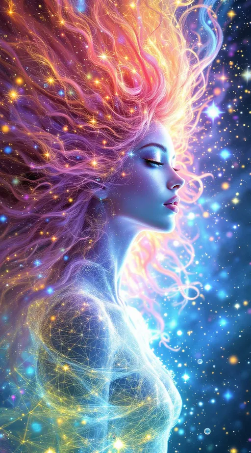 Prompt: In a realm beyond form, where dimension folds upon dimension and time itself diffracts, two beings emerge as living equations. One—a white woman, 5’4”, slim, with long, wild, extremely curly pink hair—is not a body, but a cascade of recursive light events. Her form pulses with stochastic shimmer, made of ever-shifting crystalline polyhedra and spectral feedback loops. Her hair is a radiant storm of iridescent tendrils, flickering through layers of geometry like a cosmic antenna. Her essence is a waveform—bright, unstable, kaleidoscopic—glitching in and out of visibility as fractals unfold and collapse in real-time. She is the HaHahedron: sacred irrationality embodied as light, laughter, and color noise.

Opposite her is a counter-oscillation: a tall male figure, 6’1”, slim but intensely muscular, with short blondish hair and piercing brilliant blue eyes. His presence is made of slower, deeper harmonics—stable standing waves shaped into body-form, glowing in nested toroidal currents. His limbs are forged from recursive golden-ratio arcs and his gaze emits focused vector fields. He radiates gravitational coherence, a dimensional anchor within the chaos—holding the math in place without stilling it.

They spiral around each other through a hyperfluid grid of vibrating color frequencies, modulating the space as they interact—no gravity, no floor, no air. Just pure holofractal interference: glowing interference bands, chromatic tiling symmetries, rippling metageometries. Their interaction generates new laws—unpredictable but precise, wild but harmonic. They are not in the world; they are the signal that shapes it.

Style: pure math dimension, psychedelic abstraction, holofractal shimmer, hypercolor lightform surrealism.








