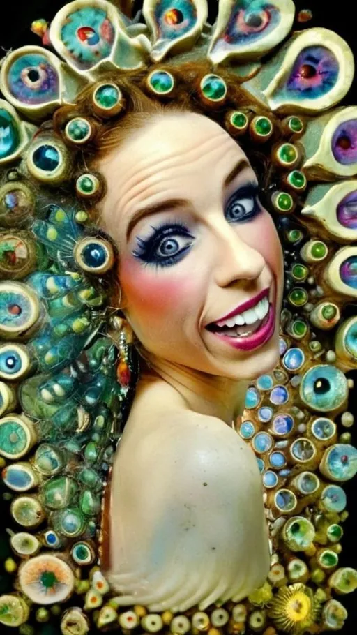 Prompt: an extremely hyper realistic ultra super textural weird trippy surreal psychedelic entity, Diophantine Spirals, translucent, white, blown glass, pearlescent finish, inlaid opal, glittering crystal accents, silver, pyrite, quartz,, chrome, bright vivid teals, blues, pinks/yellows/greens,purples,  lots and lots of light, lots of crazy colorful compound psychedelic human eyes, rows of human teeth, human lips, tongues, fungus,  atoms, diatoms, diatomic, algae, bryozoans, Diophantine Spirals, extreme high definition organic and mineral textures