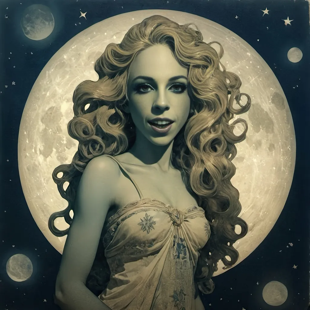 Prompt: Vintage Cyanotype print of a alien girl on the moon, long curly blond hair,  detailed silhouette, vintage artistic style, cool tones, subtle moonlight, high quality, cyanotype print, vintage, detailed silhouette, moon, girl, subtle lighting, cool tones