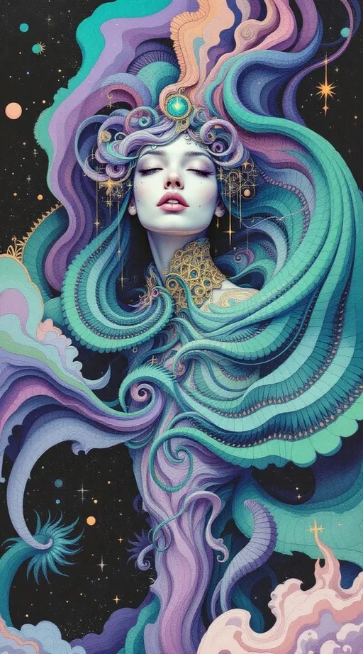 Prompt: A full-bodied female figure floats in a dimensionless elsewhere, clothed, chest covered with an elegant fractal collar, entirely in living equations and spectral math. She is rendered in the surreal, analog-dream aesthetic of La Planète Sauvage—her form outlined in trembling ink, colored with flat, grainy gouache textures in spectral hues that refuse realism: pastel emerald, blistered lavender, solar pink, oil-slick teal, and fogged chrome. Her body is an elegant structure of harmonic absurdity—no flesh, no anatomy, just sacred topology folded into humanoid suggestion.

Her garment is made from recursive mathematics: spirals of Fibonacci lace curl over her torso like ancient armor; arms are wrapped in Lissajous knots that twitch in imagined motion; her legs dissolve into cellular automata that blur into Chladni veils—inked interference maps rippling with symbolic resonance. Her face is framed by strands of hair that are not hair, but writhing graph functions—fractal filaments and toroidal ribbons, curving in impossible synchrony.

Her eyes are vast, black toroidal wells rimmed in AdS script, pulling in ambient logic. Her lips part in silence, releasing cymatic hymns that appear as concentric, radiating ink-rings, breaking apart midair into drifting symbols. Glyphs orbit her, not alphabetic but sensorial—drawn language, vibrating meaning.

Around her, the background fractures into astral recursion. Floating rhombic dodecahedra fold and unfold with slow-motion origami logic. Geometry stacks wrong. Perspective loops in on itself. Penrose steps go nowhere. Light leaks from impossible corners. Glyph-creatures crawl sideways across folding planes, drawn like demented algebra problems in pastel fur. There is no up, no gravity, no frame—only sacred geometry, color logic, and her. Suspended. Illustrated. Alive.