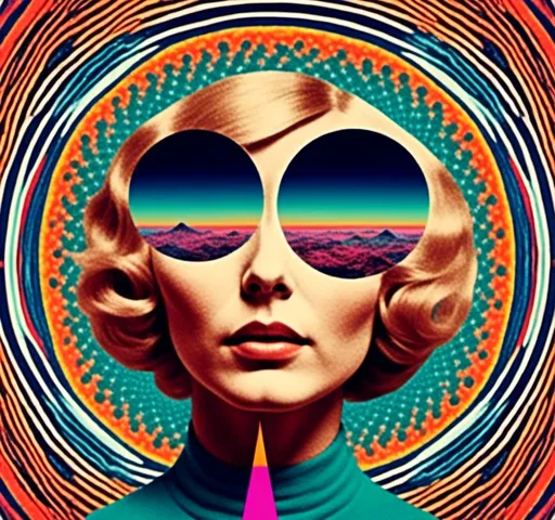 Prompt: <mymodel>Psychedelic trippy collage with a surreal vintage 70s sci-fi feel, vibrant colors, retro futuristic elements, surreal landscapes, detailed psychedelic patterns, high quality, vintage sci-fi, mixed with photograph of a woman with blond curly hair, geometric shape and optical illusions, vibrant colors, surreal, detailed patterns, trippy, collage, 70s, retro futuristic, eyes, surreal landscapes, detailed, atmospheric lighting