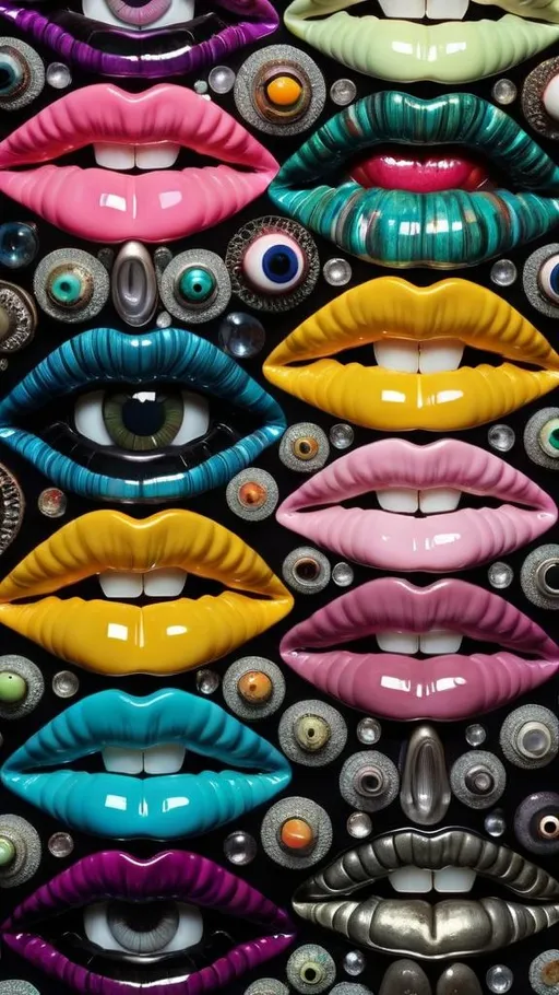 Prompt: an extremely hyper realistic ultra super textural weird trippy surreal psychedelic pattern, psychedelic human mouths, lips, rows of mouths, Diophantine Spirals, translucent, charcoal black black, blown glass, pearlescent finish, inlaid opal, glittering crystal accents, silver, pyrite, quartz,, chrome, bright vivid teals, blues, pinks/yellows/greens,purples,  lots and lots of light, lots of crazy colorful compound psychedelic human eyes, rows of human teeth, human lips, tongues, fungus,  atoms, diatoms, diatomic, algae, bryozoans, Diophantine Spirals, extreme high definition organic and mineral textures