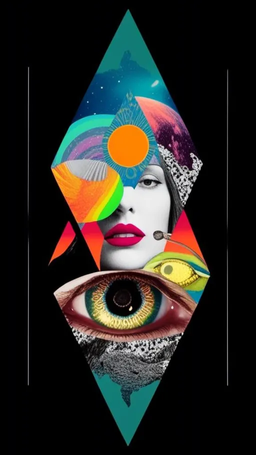 Prompt: <mymodel>Psychedelic collage of a woman, spliced and edited with psychedelic planets, cats, and UFOs, a psychedelic open third eye, pickles, photos of mushrooms of all kinds and colors, trippy optical patterns, incorporating paint, enamel, and found objects, black and white optical illusions, high quality, surreal, vibrant colors, trippy, psychedelic, detailed collage, cosmic theme, colorful lighting surreal collage