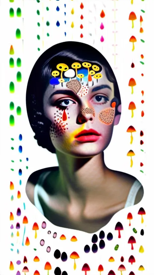 Prompt: A mixed media collage of a black and white photograph of a young woman growing all kinds of colorful multimedia psychedelic mushrooms and fungus out of her body (incorporate things like- but are not limited to - vibrant paints, enamels, glitters, metallic foils, newspaper and magazine cut paper, paint spatter, etc)<mymodel>