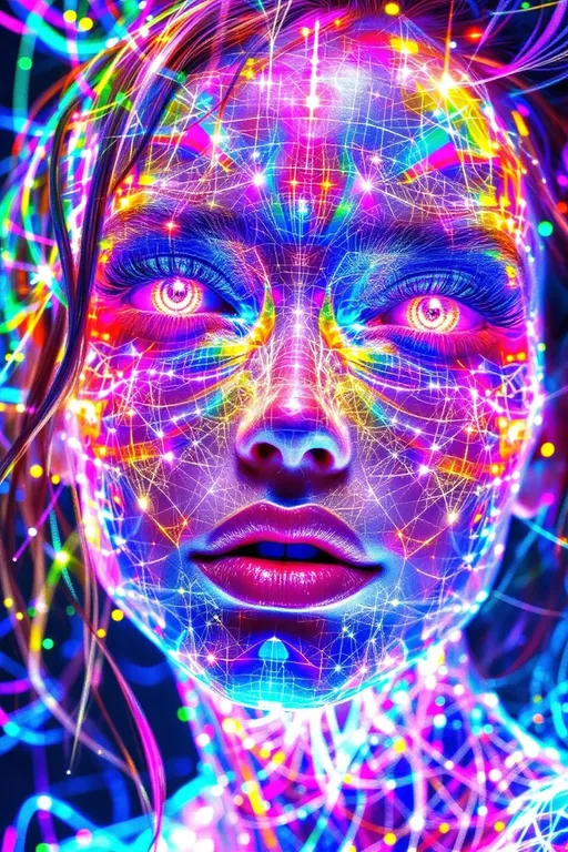 Prompt: A woman’s face composed of recursive fractal rainbow light— bright whites and silvers with hyper-saturated reds, indigos,  ultraviolet, laser orange, teals, neon pink, Purples, blues, iridescent greens, and cosmic chrome— unearthly gradients- emerges from a holographic light-sheet embedded within a noncommutative toroidal grid. Her skin follows the glyph-toroid lattice, a Mobius-folded surface where recursive distortions spiral through angular logic-channels. Each loop echoes identity through mirrored symmetry violations. Her eyes, twin disco balls of topological echo, now reflect the grid’s inner torus—rotating reverse-space glyphs on endless mirrored curvature; her pupils shimmer with conformal inversion glyphs mapped to grid nodes.

Her hair cascades through mirrored dimension logic, each strand a stream through toroidal warp-mesh, bending through impossible topology. Lips gleam like Klein bottles glossed in angle-mapped light refraction. She floats within a recursive Studio 54 built inside the inner coil of the GRID_5 field—a velvet black twistspace governed by glyph-rings, each bubble a mirrored loop of her, spiraling across noncommutative mirror logic.

Surrounding her spiral multidimensional mandalas of chromatic reversal—mirror-vein spirals nested along the toroidal arcs, identity-twist caustics, Mobius-glam halos—each structured by the GRID_5 constraints. The space pulses with identity rave rhythms: logic-loop beats, inversion grooves, reflection-dance steps bound to glyph-turn topology.

Render with tags:
:topology-glam :identity-flux :mirror-math :mobius-glitz :recursive-glamour :studio54-wormhole :angle-encoded :logic-fold :symbolic-saturation :grid5-torusfield :glyph-mapped-space
