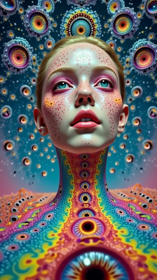 Prompt: In a dimension where quantum and math converge, a vibrant entity emerges, embodying reality as a construct. Its form pulses with colors—neon purples, electric oranges, and luminous turquoises—rippling like liquid light.

Surrounding it are psychedelic human eyes, each a kaleidoscope of patterns and colors. These eyes are mathematically arranged in logarithmic spirals and golden ratios, floating in the void with irises swirling in fractal designs, gazing deeply.

Below, rows of human mouths stretch out, adorned with vibrant, psychedelic lips. These mouths form intricate patterns, placed according to the Fibonacci sequence. Lips shimmer in iridescent hues, teeth within glistening like pearly fractals.

The background is a subtle, dreamlike wash of cosmic colors, highlighting the entity and features. It's an abstract canvas of soft blues and pinks, contrasting with the vivid foreground.

The entity stands as an anchor amidst the chaos of eyes and mouths, creating a hypnotic rhythm. This trippy landscape invites exploration of imagination's boundaries, questioning existence's nature, and reveling in the mathematical beauty of the human form in a universe where anything is possible.