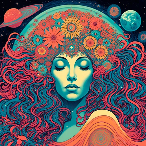 Prompt: <mymodel>Gaia, Mother Earth personified as a deity in outer space, psychedelic poster art illustration, cosmic colors, swirling galaxies, ethereal and glowing, intricate details, vibrant and surreal, high quality, psychedelic, outer space, cosmic, deity, Mother Earth, vibrant colors, swirling galaxies, ethereal, glowing, intricate details, surreal, poster art, illustration, cosmic colors, vibrant, detailed, highres