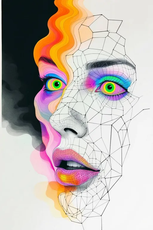 Prompt: A female face unfolds across impossible space—tessellated, recursive, and drawn in thick, uneven ink lines. In the style of La Planète Sauvage, she is not realistic but ritual: a hyper-stylized visage stretched across a non-Euclidean manifold, every contour warped by logic. Her expression is a paradox, hovering somewhere between diagram and myth. Eyes spiral as limit cycles around strange attractor loops, each one inked in tight elliptical bands, orbiting voids rimmed with rainbow halos. Her lips follow curved geodesics—pulled along warped surfaces in matte strokes of spectral pink and solar green. Her cheekbones ripple outward in Hilbert folds, crumpling the page behind her.

The entire face is embedded in a dual lattice: one half the Fractal Memory Field—drawn as nested Penrose tiles in dusty neon—and the other the Chromaflux Constraint Net, painted as hyperbolic grids stitched with glowing braid-knots. These patterns do not sit on her—they become her: nose a focal node of dimensional interference; forehead a Klein-braid of tiling syntax, spiraling in iridescent filament arcs.

Color here does not blend—it diffracts. Harsh rainbow lighting fractures across her skin like broken glass dipped in oil. Auroral ribbons loop through recursive mesh. Every layer of recursion shifts both shape and hue—chromatic torque spirals through Möbius arcs, folding prismatic glyphs into hyperspace along brush-scrawled vector lines.

Her hair dissolves into nested geometry: tessellated ribbons and spectral lattices curl like illustrated smoke, each strand tipped with moiré sparkles and drawn distortions. Her expression flickers with encoded meaning—half-symbol, half-glitch, alive within the folds of Riemann topology.

She is maximalist and spatially unstable. A conscious diagram. A sacred drawing of feedback loops and chroma logic. A face-shaped equation rendered in psychedelic ink.
