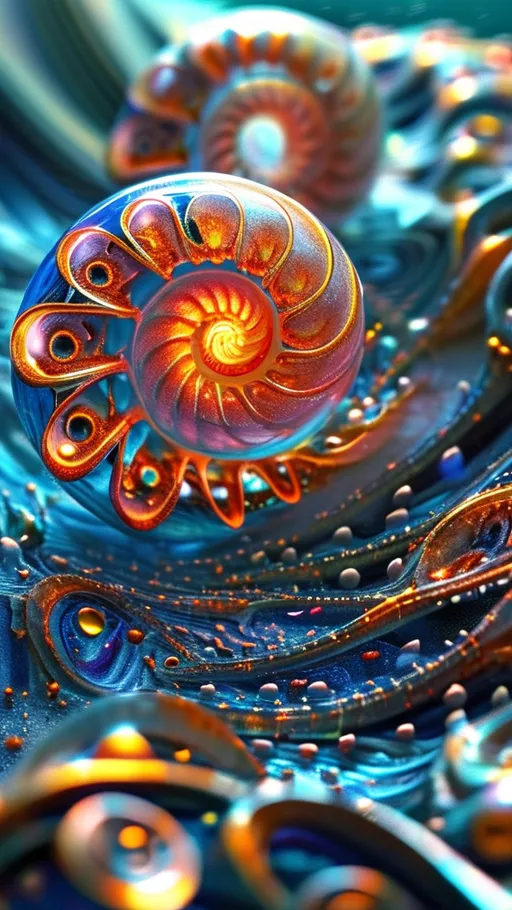 Prompt: An extremely super hyperrealistic trippy weird surreal odd scene unfolds with **Spiroloculina communis**, its spiral, nautilus-like shell with a smooth, glossy surface, floating serenely in a vibrant, cosmic sea. This delicate form twists and turns, catching the light and scattering it in iridescent patterns that dance across the scene.

Accompanying this are **Quantum Strings**, hypothetical one-dimensional "strings" that vibrate at specific frequencies, forming a web of intertwining loops and lines. These strings pulse with energy, glowing in a spectrum of colors that shift and change as they vibrate, creating a mesmerizing dance of light and form.

Adding to the spectacle are **Quantum Dots**, which hover like tiny, luminescent orbs, each emitting its own unique color. These dots flicker and pulse, casting a kaleidoscope of reflections that ripple across the scene, enhancing the dreamlike quality of the environment.

The backdrop is a swirling mass of **Quantum Entanglement**, an invisible web linking particles across vast distances, represented here as shimmering threads of light that weave through the scene, connecting the various elements in a tapestry of cosmic wonder.

Together, these elements create a vibrant, colorful, and fantastically weird landscape, inviting viewers to explore a realm where the microscopic and quantum worlds merge in an endless dance of color, light, and form.