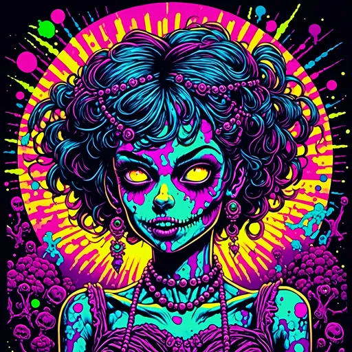 Prompt: <mymodel>70s black light poster, retro punk zombie babe, vibrant oooze, psychedelic, high quality, vector illustration, retro, punk, zombie, vibrant colors, neon lighting, oozing details, vintage, psychedelic art, retro fashion, glow effects, detailed hair, mesmerizing eyes