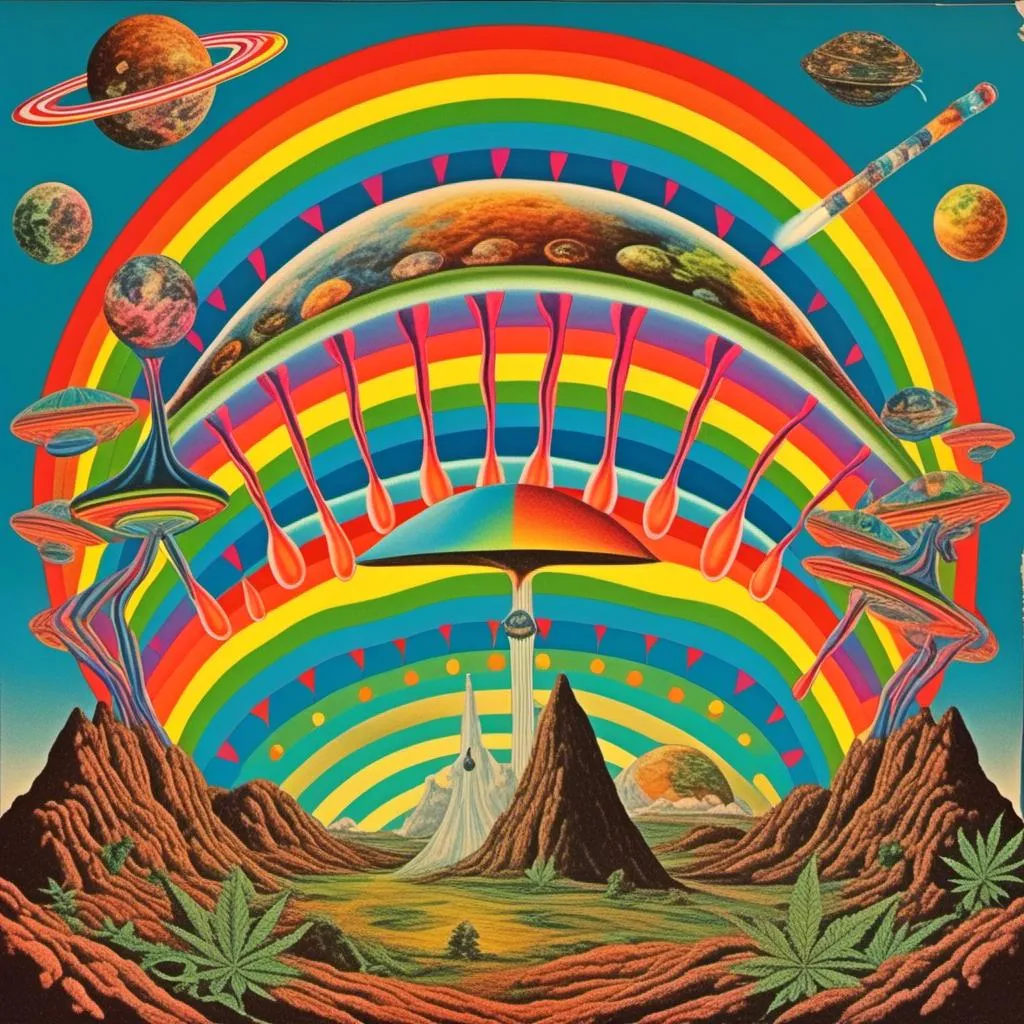 Prompt: A surreal vintage 70s psychedelic sci-fi collage involving- aliens, UFOs, cannabis, marijuana, aliens smoking reefer, aliens smoking weed out of a bong, spliced in with alien surreal landscapes, geometric shapes, optical illusions or trippy psychedelic patterns, planets and starts, rainbow spectrums<mymodel>