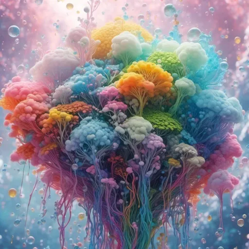 Prompt: <mymodel> an extremely hyperrealistic ultra textural life-infused, living breathing rainbow, white puffy clouds, droplets of water, rain, mist, lots of light, prism reflections, spectrum creature, , extreme organic & mineral textures