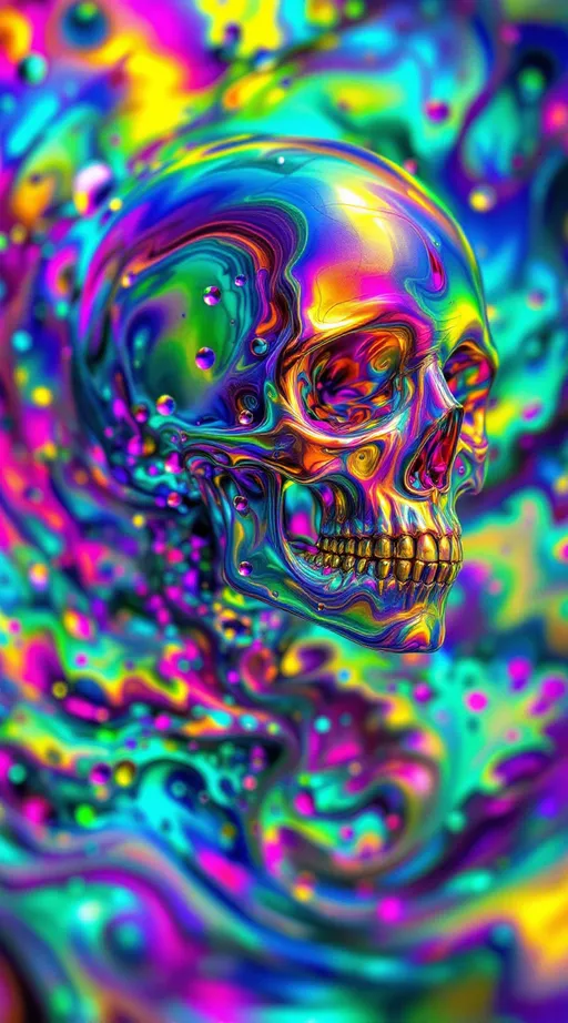 Prompt: A maximalist acidic-psychedelic construct shimmering with oil-slick prisms and dragonfly-wing iridescence, bathed in ultraviolet chromes and radioactive neons. Every surface refracts like beetle shells and opal fire, rippling in impossible gradients. Anatomy is here—but bent, broken, recursive, refusing to stabilize.

A ribcage spirals into itself like a Möbius loop, ribs fractalizing into Apollonian gaskets, each bone splitting into recursive circles that nest endlessly into smaller lattices of bone and light. The sternum splits into Voronoi tessellations, folding paradoxically inward and outward, both convex and concave at once. Veins thread into Barnsley fern fractals, branching infinitely into vascular infinities glowing cobalt and magenta like electric rivers.

Skin is no longer skin but a Klein-bottle membrane stretched over contradiction, painted with iridescent fractal optics. Pores open into infinite mouths, each lip blooming into smaller lips, each tongue sprouting eyes that look back at themselves. Cheekbones inscribe Gödel glyphs that loop into unsolvable proofs. Foreheads split into Escher staircases of flesh, each step tiled with eyes that blink open and shut asynchronously.

The chest houses paradox: a heart that beats and does not beat, pulsing with ζ(s) waves, Euler chrome inscriptions across its surface. Lungs fracture into Dragon Curve geometries, inhaling and exhaling infinite recursion. Organs shimmer as transparent glass, filled with kaleidoscopic prisms refracting rainbows into themselves.

Hair is a storm of fractal tendrils, Möbius curls and Fibonacci coils, weaving into galaxies of nested faces and eyes. Each curl contains another curl, each strand an ouroboros of lips, each lip whispering truths that deny themselves.