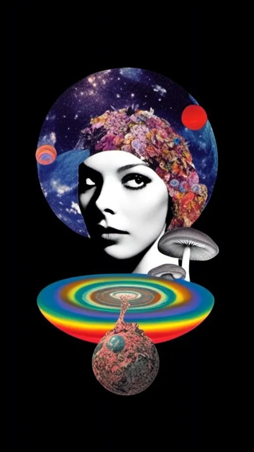 Prompt: <mymodel>Psychedelic collage of a woman, spliced and edited with psychedelic planets, cats, and UFOs, a psychedelic open third eye, pickles, photos of mushrooms of all kinds and colors, trippy optical patterns, incorporating paint, enamel, and found objects, black and white optical illusions, high quality, surreal, vibrant colors, trippy, psychedelic, detailed collage, cosmic theme, colorful lighting surreal collage