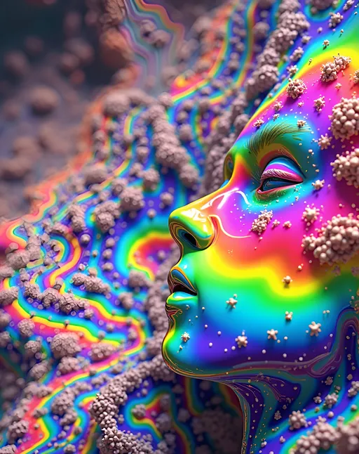 Prompt: A cosmic, high-detail psychedelic scene featuring the Hyperbolic Ripple Bloom—a vast, rippling geometric structure blooming outward from a warped singularity, created from hyperbolic polar transformations and nested wave interference. Its form pulses with fractal rhythm, bending spacetime like a flower of impossible math.

Emerging from the bloom’s inner geometry is a face made of pure mathematical light—not sculpted but generated from equations: its contours formed by golden ratio spirals, Voronoi cells, Penrose tiling, and spectral harmonics. The face shimmers with recursive symmetry, each feature alive with glowing functions and flowing data—cheeks that ripple in sine waves, eyes like spinning Mandelbrot zooms, a mouth etched in converging field lines. The light is white-core with radiating rainbow refractions and holofractal brilliance—an intelligent expression formed entirely from number and light.

Along the edge of the bloom stands a human reflection: a white female, slim, 5’4”, long wild curly pink hair, semi-transparent and radiant, half-phased between dimensions. Her form is subtly warped by the ripple geometry, with light trails and echoes of her silhouette dissolving into fractal mist. She gazes toward the math-face as if recognizing it—part memory, part godform, part self.

Color the scene with intense psychedelic neons and oil-slick chromatics: ultraviolet blues, radioactive greens, iridescent pinks, deep-space violets. Every line and fold glows with holofractal accenting—rainbow shimmer, liquid metallic reflections, and luminous chaos.

The style is cosmic, mathematical surrealism: impossible geometry, glitchy lensing, recursive motion illusions, and sacred fractal light. Include volumetric glow, digital noise, and post-symbolic detail. This is a vision of communion with sentient math.