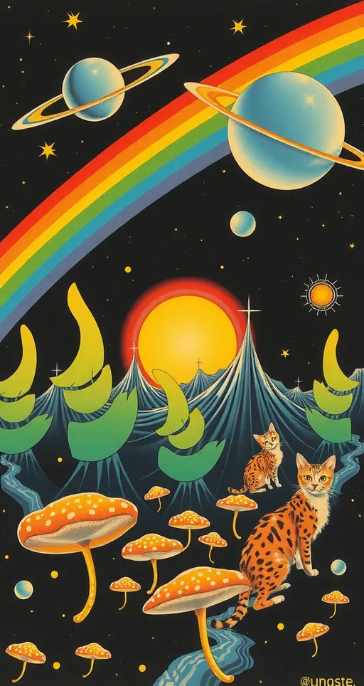 Prompt: <mymodel> Vintage 70s psychedelic surreal sci-fi Collage, analog, cut & paste, outer space, rainbows, spectrum, optical illusions/trippy patterns, surreal alien landscapes, UFOs, « little green men », psilocybin mushrooms, geometric shapes , planets, orbs, black night sky with stars, in the center, cats, 