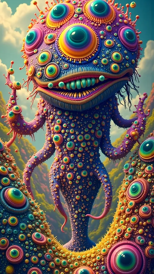 Prompt: Create an extremely super hyper-detailed, hyperrealistic, weird surreal trippy psychedelic entity, adorned with lots and lots of crazy psychedelic compound human eyes, mathematically placed in a Fibonacci Spiral tiling pattern, evoking an organic, spiraling flow. Rows upon rows of psychedelic teeth stretch across its form, each tooth embodying the recursive complexity of the Sierpinski Triangle, adding infinite depth to their appearance.

The entity's skin is a vibrant kaleidoscope, drawing from the iridescent hues of Ammolite, with its spectral play of colors. The texture is enriched by the smooth, vitreous luster of Tanzanite, creating a surface that shifts under different lights. Embedded within are crystalline forms inspired by the hexagonal shapes of Beryl, adding structured chaos to its appearance.

Microscopically, the surface features complex, spiral nautilus-like forms of Spiroloculina communis, suggesting organic evolution. These are interspersed with the smooth, glossy surfaces of Peneroplis planatus, creating a dynamic interplay between structure and fluidity.

In the quantum realm, the entity is enveloped by Quantum Foam, a frothy, turbulent halo hinting at the nature of space-time. Quantum Strings vibrate around it, adding an ethereal dimension to its presence.

The background is a surreal landscape with hyperbolic tiling patterns stretching infinitely, creating endless depth. The sky swirls with colors reminiscent of Chrysoprase, casting a greenish glow. The ground is a tessellation of Voronoi patterns, mimicking cracked earth or cellular structures, grounding the entity in a world both familiar and alien, a perfect setting for this psychedelic marvel.