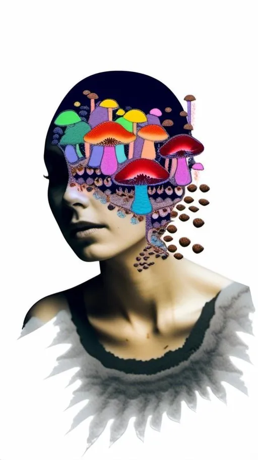 Prompt: A mixed media collage of a black and white photograph of a young woman growing all kinds of colorful multimedia psychedelic mushrooms and fungus out of her body (incorporate things like- but are not limited to - vibrant paints, enamels, glitters, metallic foils, newspaper and magazine cut paper, paint spatter, etc)<mymodel>