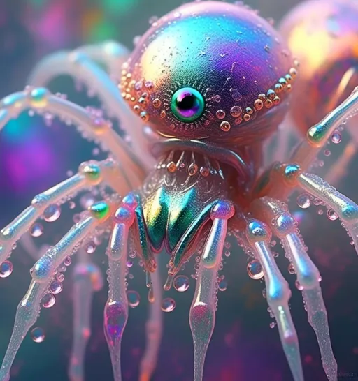 Prompt: <mymodel>extremely hyperrealistic extremely high textural beautiful female sentient spider entity, arachnid woman,8 eyes, humanoid, human woman with spider features, lots of light, extreme organic textures, white, translucent, bright pastel colors, oil slick rainbow sheen effect, silver, chrome, crystals, 
Arachnid, cephalothorax, abdomen, pedipalps, chelicerae, fangs, spinnerets, silk glands, book lungs, tracheae, 