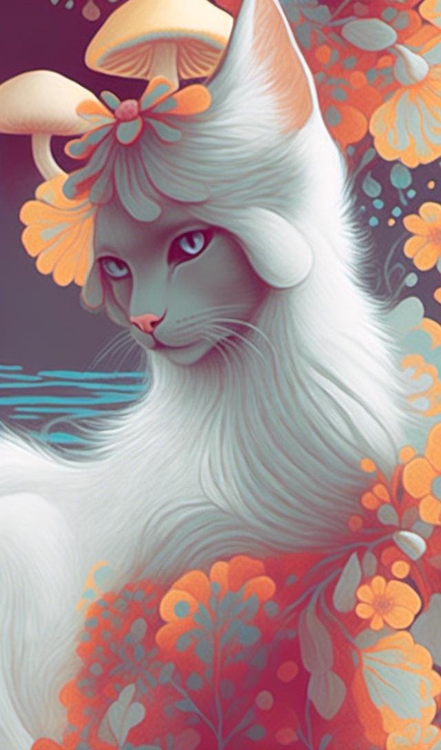 Prompt: <mymodel>White cat princess with flowers and mushrooms, digital painting, pastel colors, fantasy, detailed fur with soft highlights, elegant and regal posture, magical forest setting, high quality, fantasy, digital painting, pastel colors, princess, elegant, detailed fur, magical, regal, flowers, mushrooms, fantasy setting, high quality