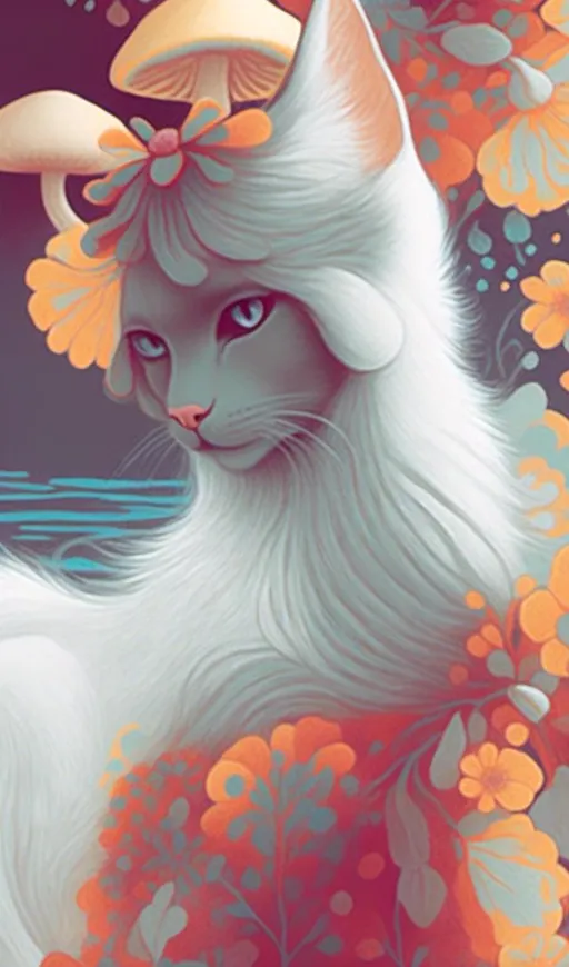 Prompt: <mymodel>White cat princess with flowers and mushrooms, digital painting, pastel colors, fantasy, detailed fur with soft highlights, elegant and regal posture, magical forest setting, high quality, fantasy, digital painting, pastel colors, princess, elegant, detailed fur, magical, regal, flowers, mushrooms, fantasy setting, high quality