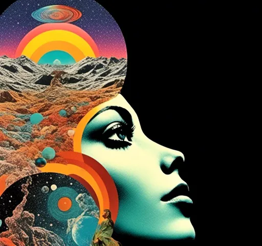 Prompt: <mymodel>Psychedelic trippy collage with a surreal vintage 70s sci-fi feel, vibrant colors, retro futuristic elements, surreal landscapes, detailed psychedelic patterns, high quality, vintage sci-fi, mixed with photograph of a woman with blond curly hair, geometric shape and optical illusions, vibrant colors, surreal, detailed patterns, trippy, collage, 70s, retro futuristic, surreal landscapes, detailed, atmospheric lighting